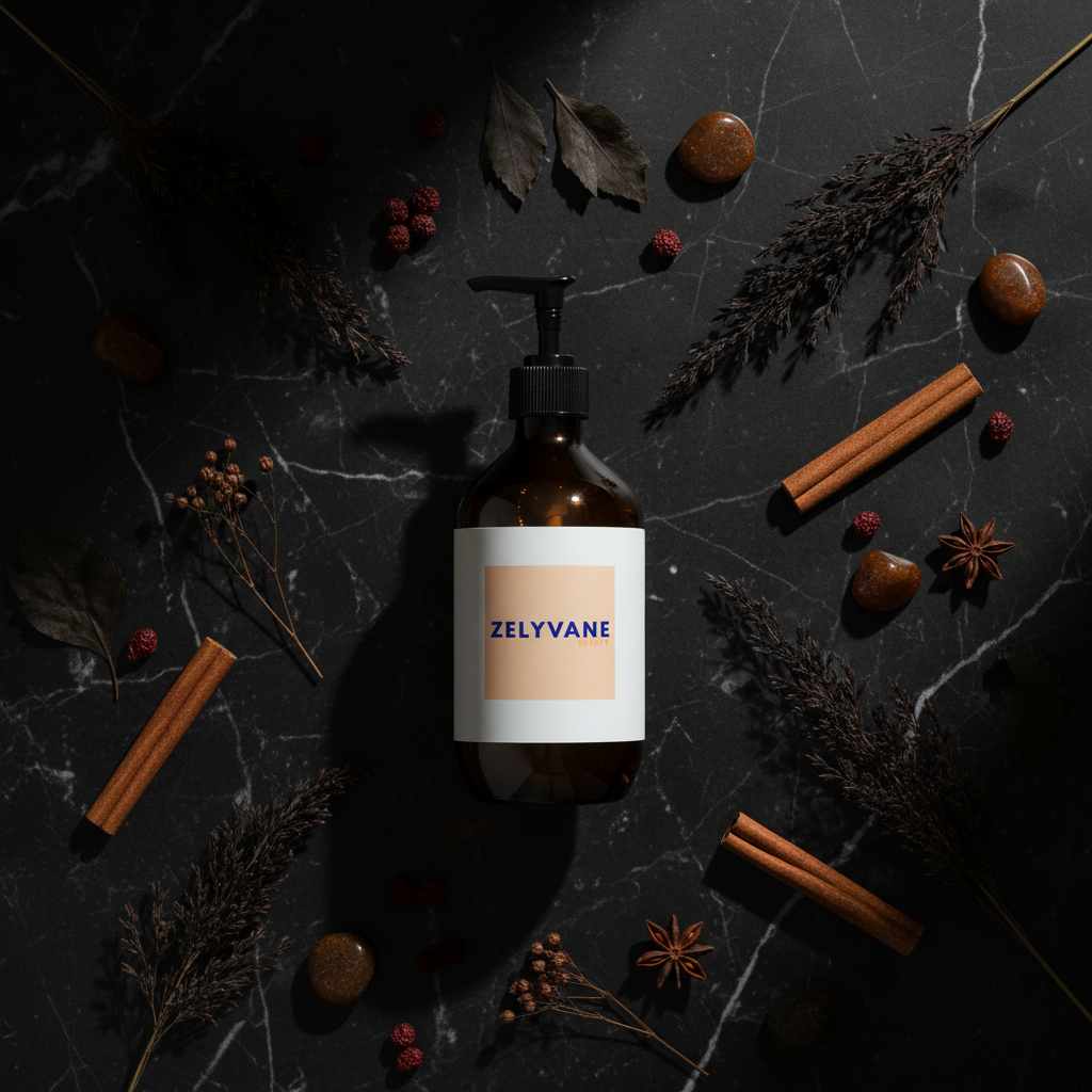 Gel douche Patchouli Ambre Vanille ZELYVANE - flat lay marbre noir